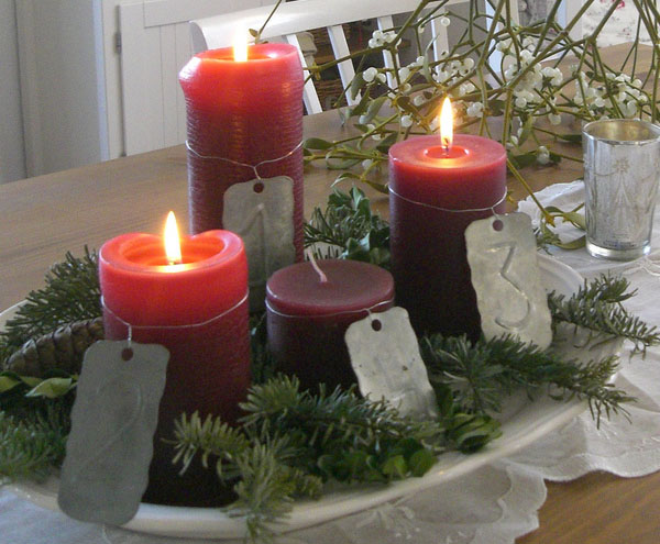 Advent Candles and Pine on a Plate