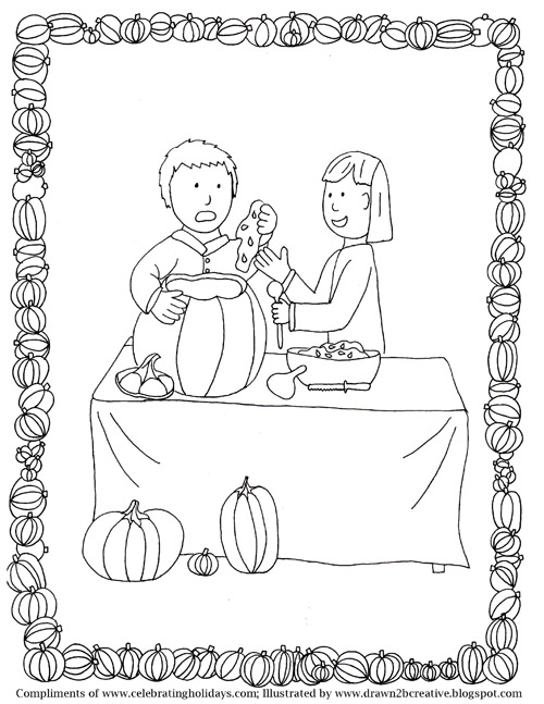 Pumpkin Carving Coloring Page with Borders 2