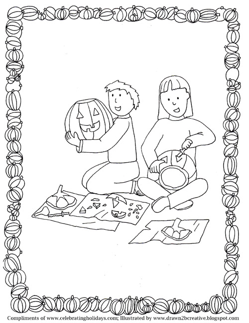 Pumpkin Carving Coloring Page with Borders 3